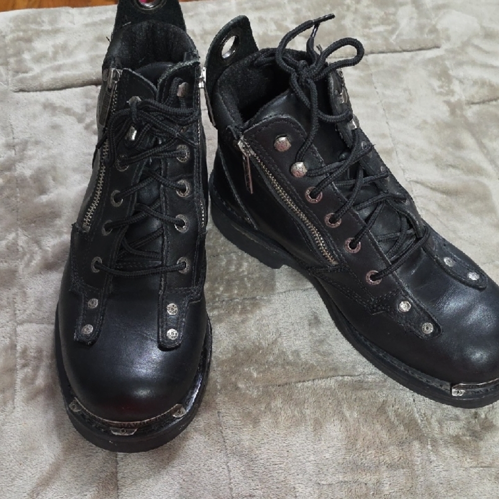 Harley Davidson Men's Motorcyle Boots Black Leather Silver Metal Branding Sz 10